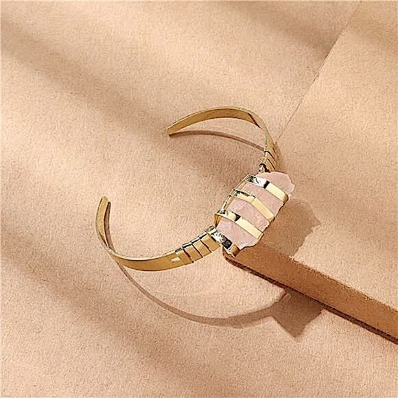 Artisan Free Spirit Unique Pink Stone Cuff Bracelet Minimalist Gold Tone Jewelry - Picture 2 of 8
